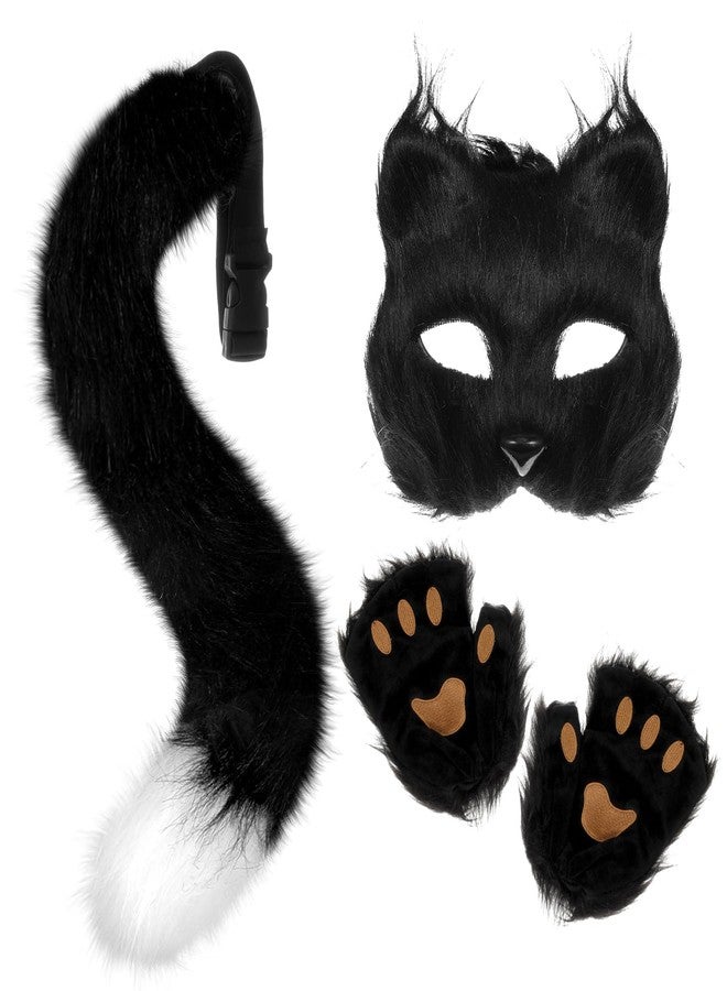 XEPST Furry Fox Wolf Cosplay Set with Mask Tail Paw Gloves, Animal Cosplay Costume Kit for Anime Fancy Dress Accessories Halloween Christmas Dress Up Carnival Role Play Party Supplies, Black - Image 1